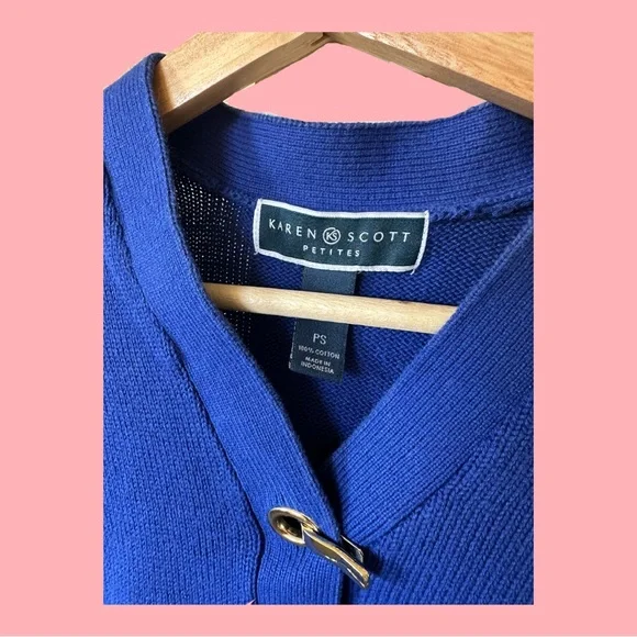Karen Scott Petites Cobalt Blue Cotton Sweater Gold Closure sz PS - Picture 4 of 4